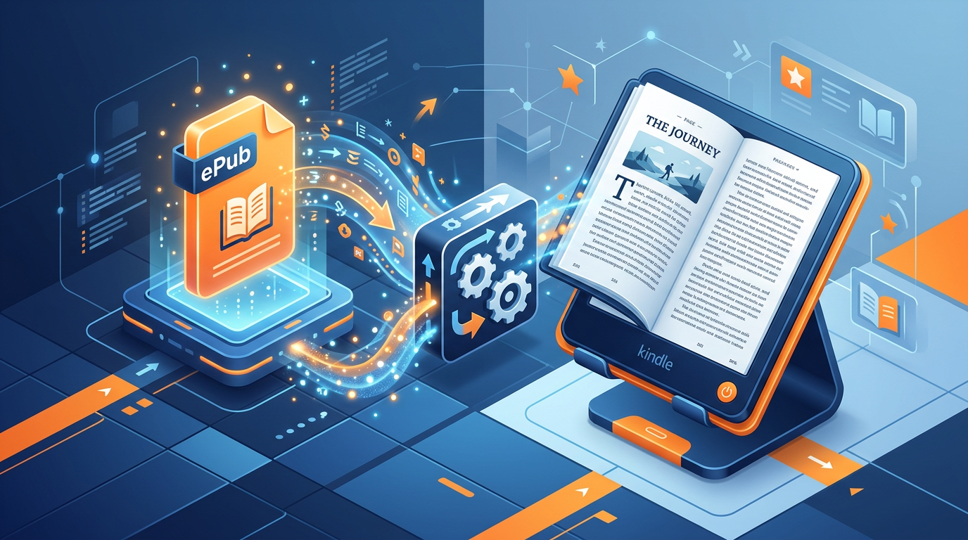 Illustration showing EPUB to Kindle conversion process.